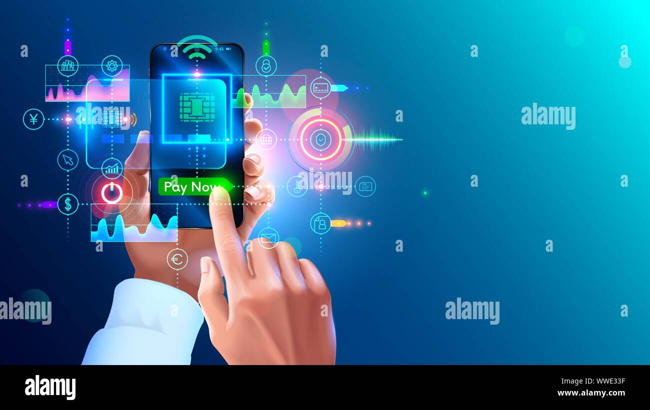 Contactless del concetto di pagamento. Pagamento NFC sul telefono. virtual banking card in app di smartphone in mano dell'uomo. I pagamenti effettuati da telefono cellulare per i servizi Illustrazione Vettoriale