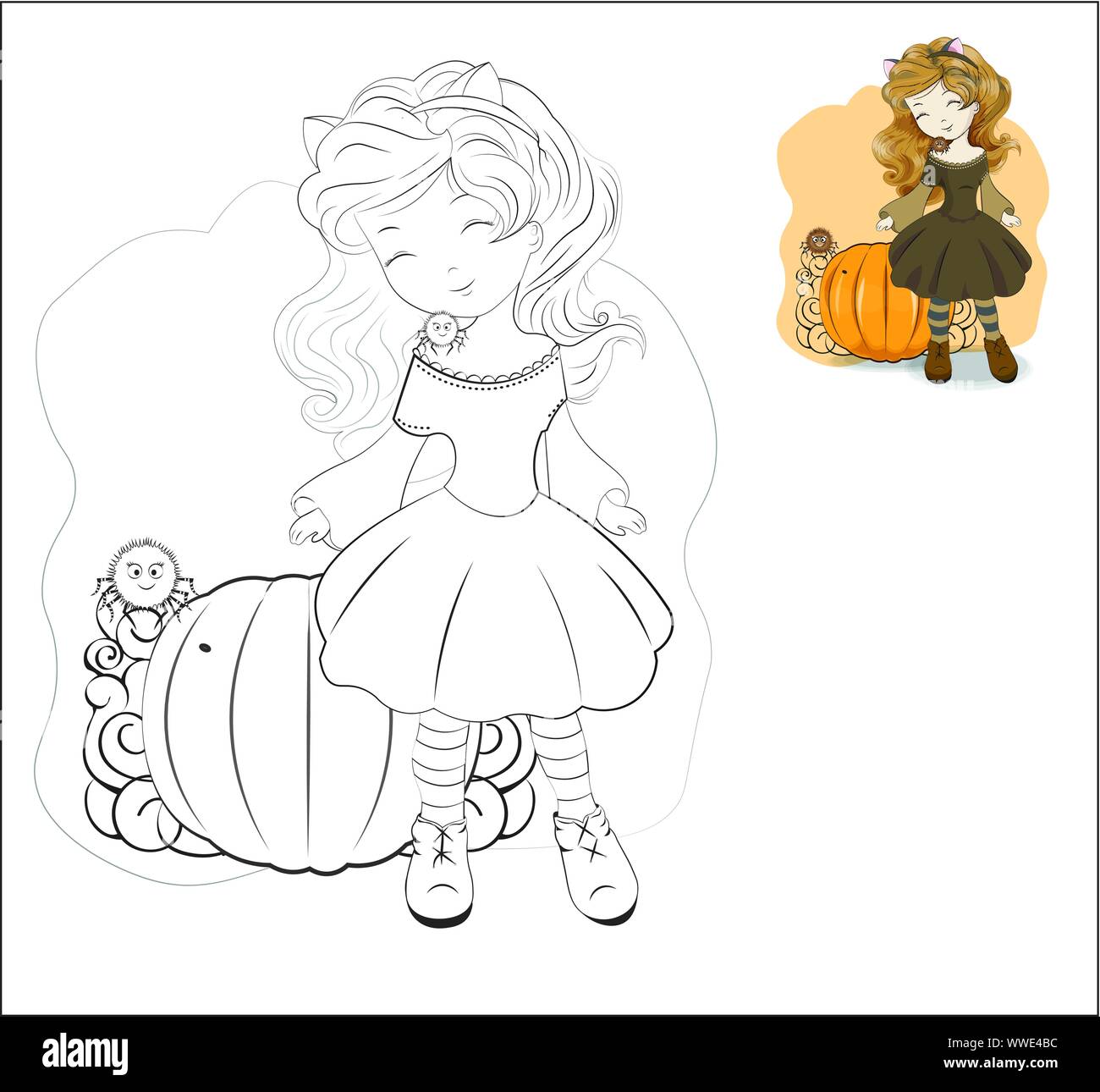 Libro da colorare Halloween bambina un gatto, Gatto con le orecchie e ragno  su uno spallamento contro il background di zucca. La foto in disegno a mano  styl Immagine e Vettoriale -