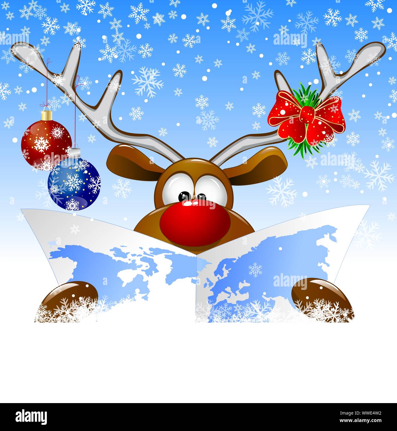 Un cartoon Cervi è la visualizzazione di una mappa del mondo alla vigilia di Natale. Cervo con una scheda e le decorazioni di Natale su un sfondo d'inverno. Illustrazione Vettoriale