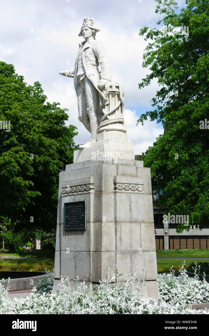 Il capitano James Cook statua, Victoria Square, Christchurch, Nuova Zelanda Foto Stock