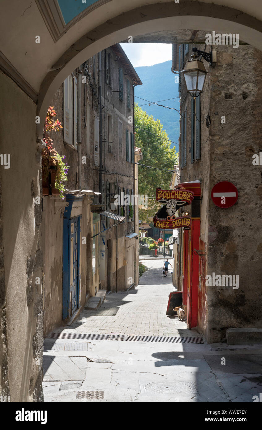 Strada stretta nella città vecchia di Puget-Théniers, Francia, Europa Foto Stock
