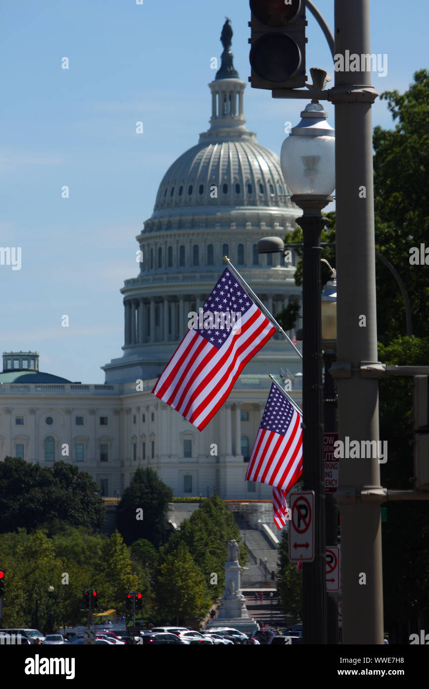 Washington, DC, Stati Uniti d'America. Xv Sep, 2019. Davanti a una casa la vigilanza e la riforma Comitato audizione su H.R. 51, l'"Washington DC atto di ammissione, '' e la sfilata di un corteo in sostegno di esso chiamato ''51 Star bandiera omaggio a c.c. Statualità, ' versioni modificate del noi bandiera con 51 stelle (righe di 9, 8, 9, 8, 9, 8) sono state poste in alto lungo parte della Pennsylvania Avenue nella capitale della nazione. Visto qui sono parecchi di tali indicatori con il Capitol Building in background. Credito: Evan Golub/ZUMA filo/Alamy Live News Foto Stock