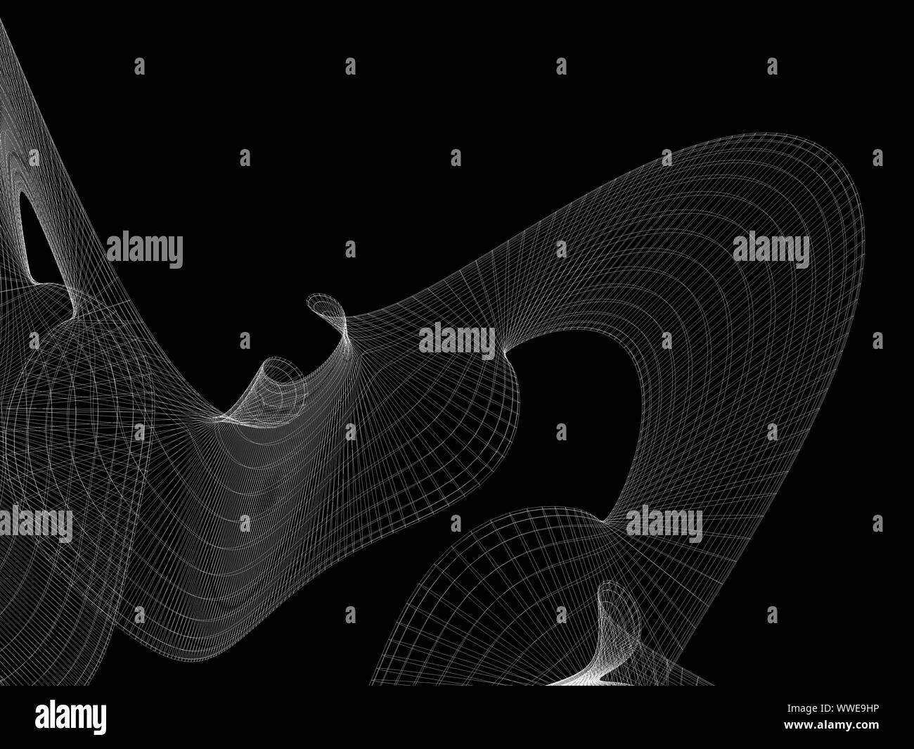 Abstract bianco filo parametrica-telaio struttura a maglia isolati su sfondo nero, rendering 3D illustrazione Foto Stock