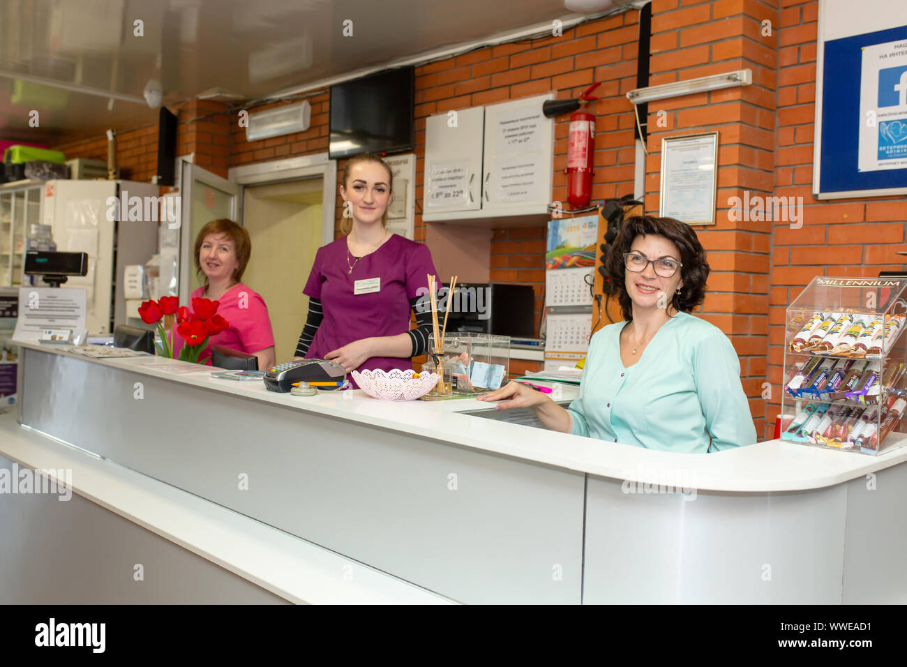 Giovani donne su ricezione in una clinica veterinaria Foto Stock
