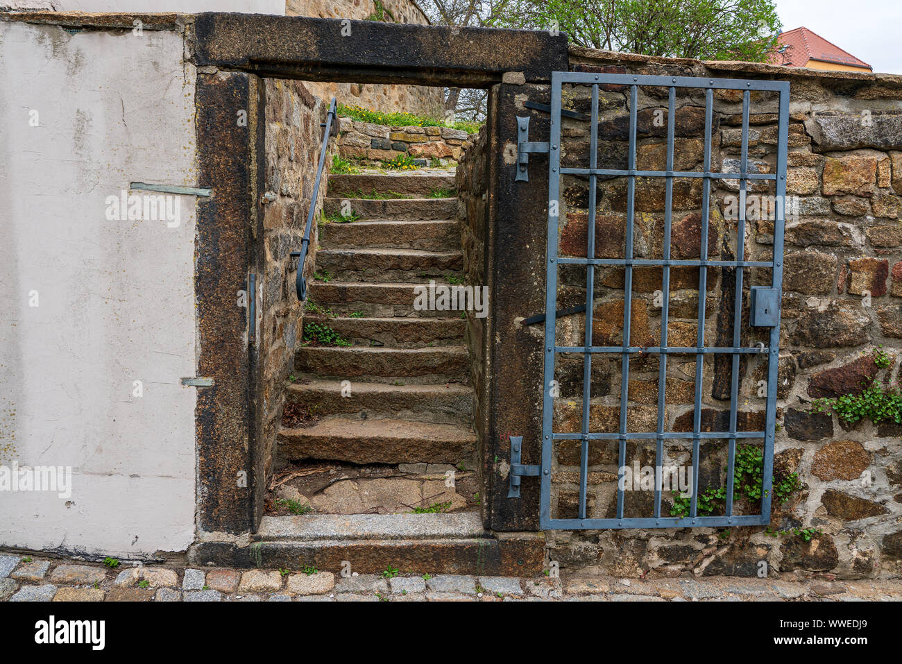 Vecchia porta di metallo e scale per il parco Foto Stock