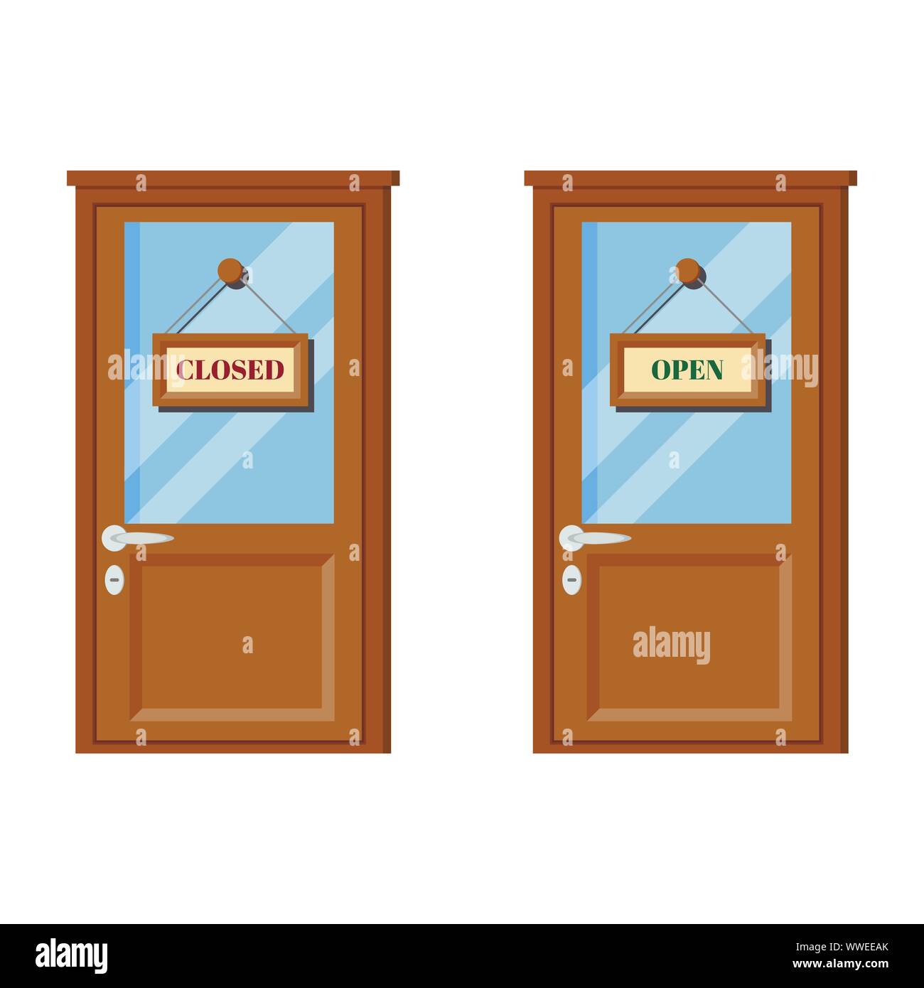 Serie di porte in legno con vetro, la maniglia di una porta, aperto e chiuso segni aziendali. Illustrazione Vettoriale
