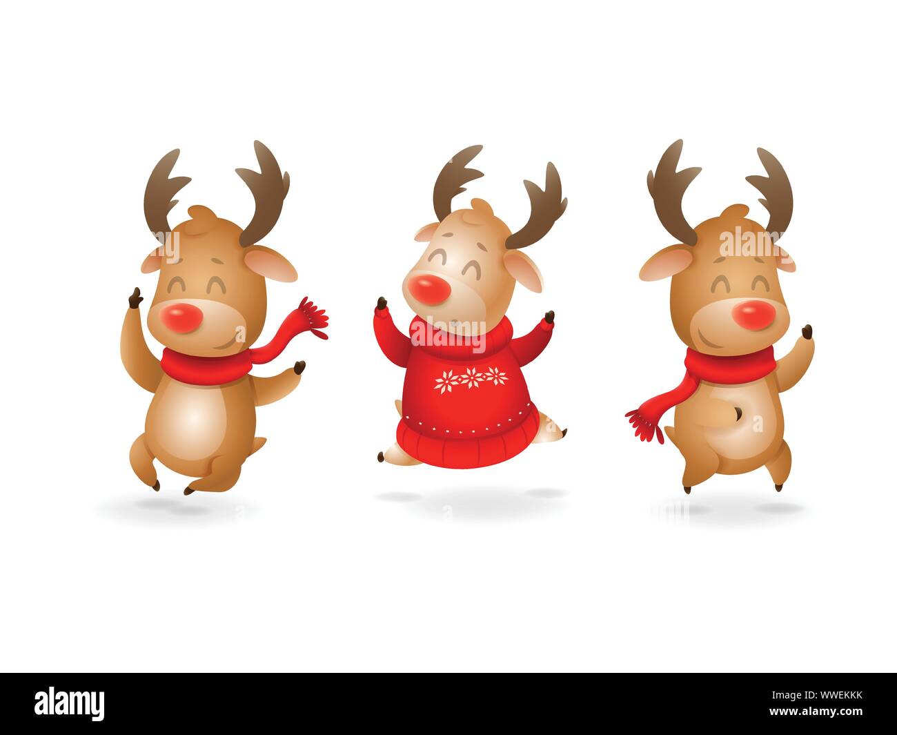Carino tre renne festeggiare le vacanze invernali felice espressione - che il salto - illustrazione di vettore isolato su sfondo trasparente Illustrazione Vettoriale