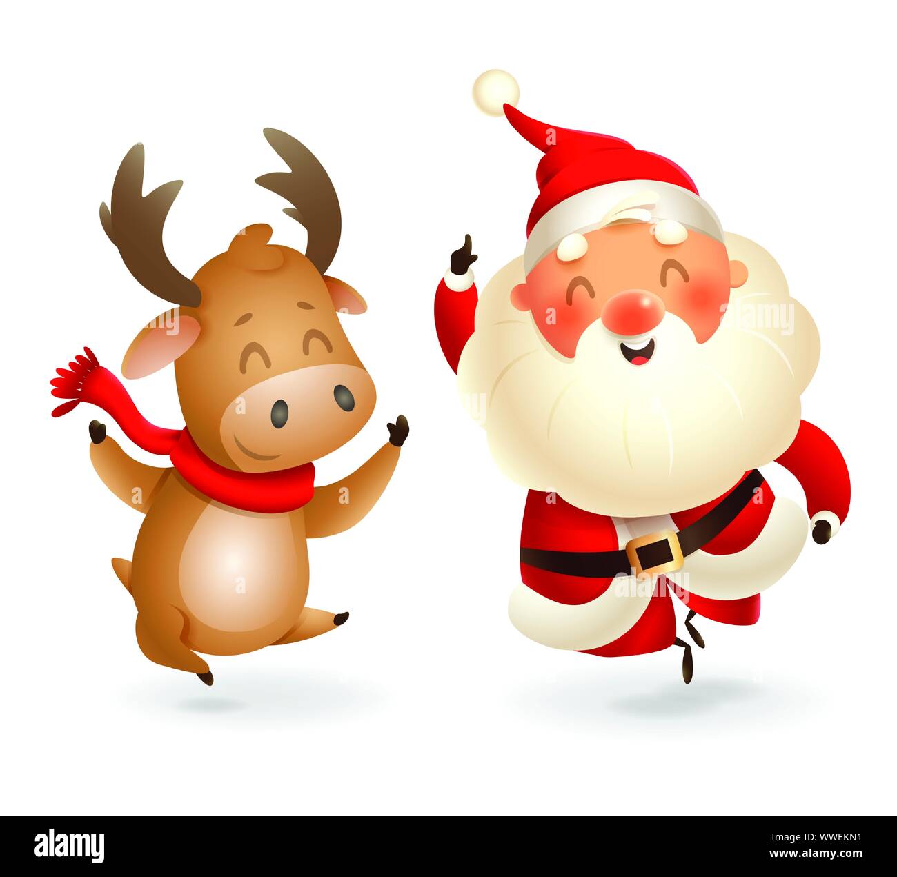 Santa Claus e alci - felice espressione - puntare il dito in alto - illustrazione di vettore isolato su sfondo trasparente Illustrazione Vettoriale
