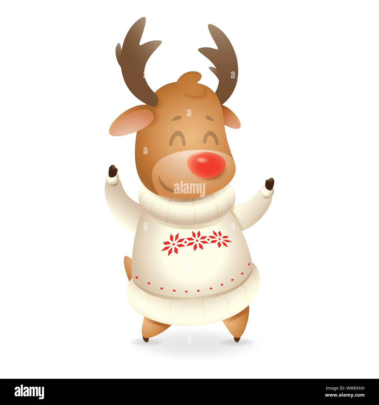 Carino renne indossando white brutto maglione e festeggiare le vacanze invernali - illustrazione di vettore isolato su sfondo trasparente Illustrazione Vettoriale