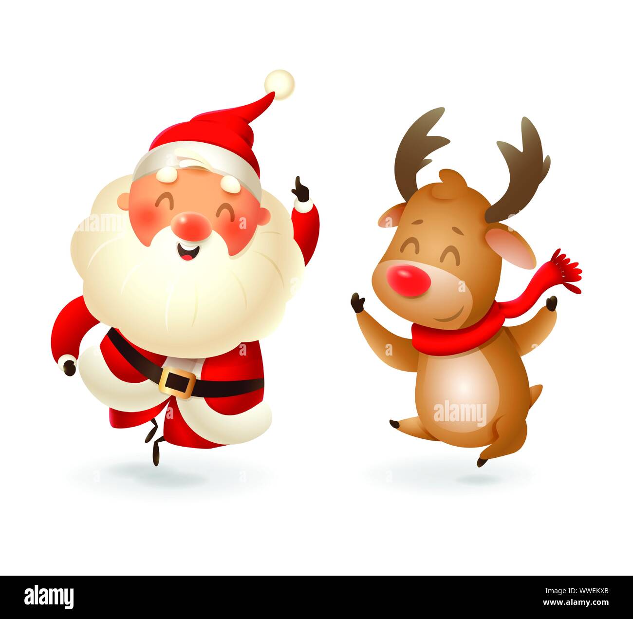 Babbo Natale e la renna - felice espressione - puntare il dito in alto - illustrazione di vettore isolato su sfondo trasparente Illustrazione Vettoriale