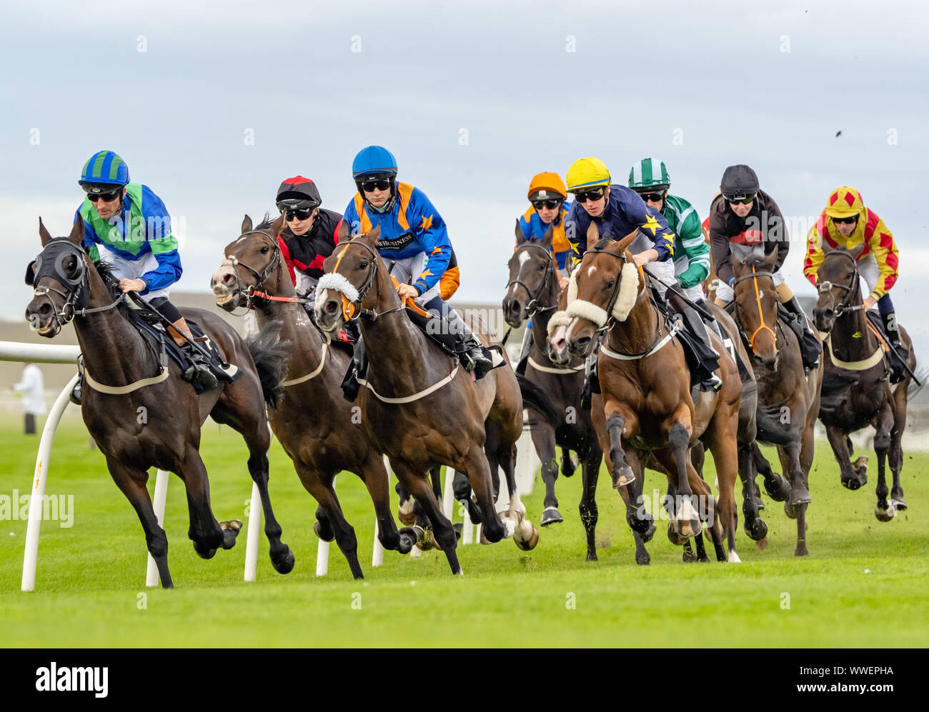 Jockey Jason Hart (blu Hat/blu e arancione in alto) su Lagenda, vincitore del JMC Healthcare Handicap Div (MI) a Musselburgh - 14 settembre 2019. Foto Stock