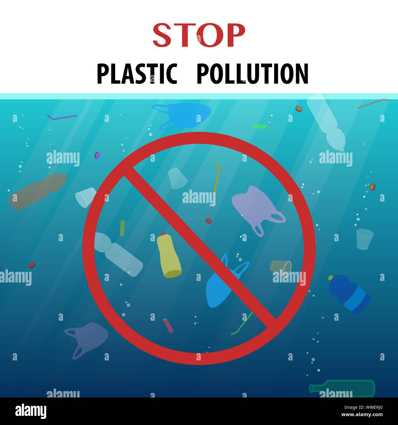 Smettere di plastica ecologica inquinamento poster con floating garbage nell'oceano e rad round segno. Global problema ambientale concetto. Vector illustrat Illustrazione Vettoriale