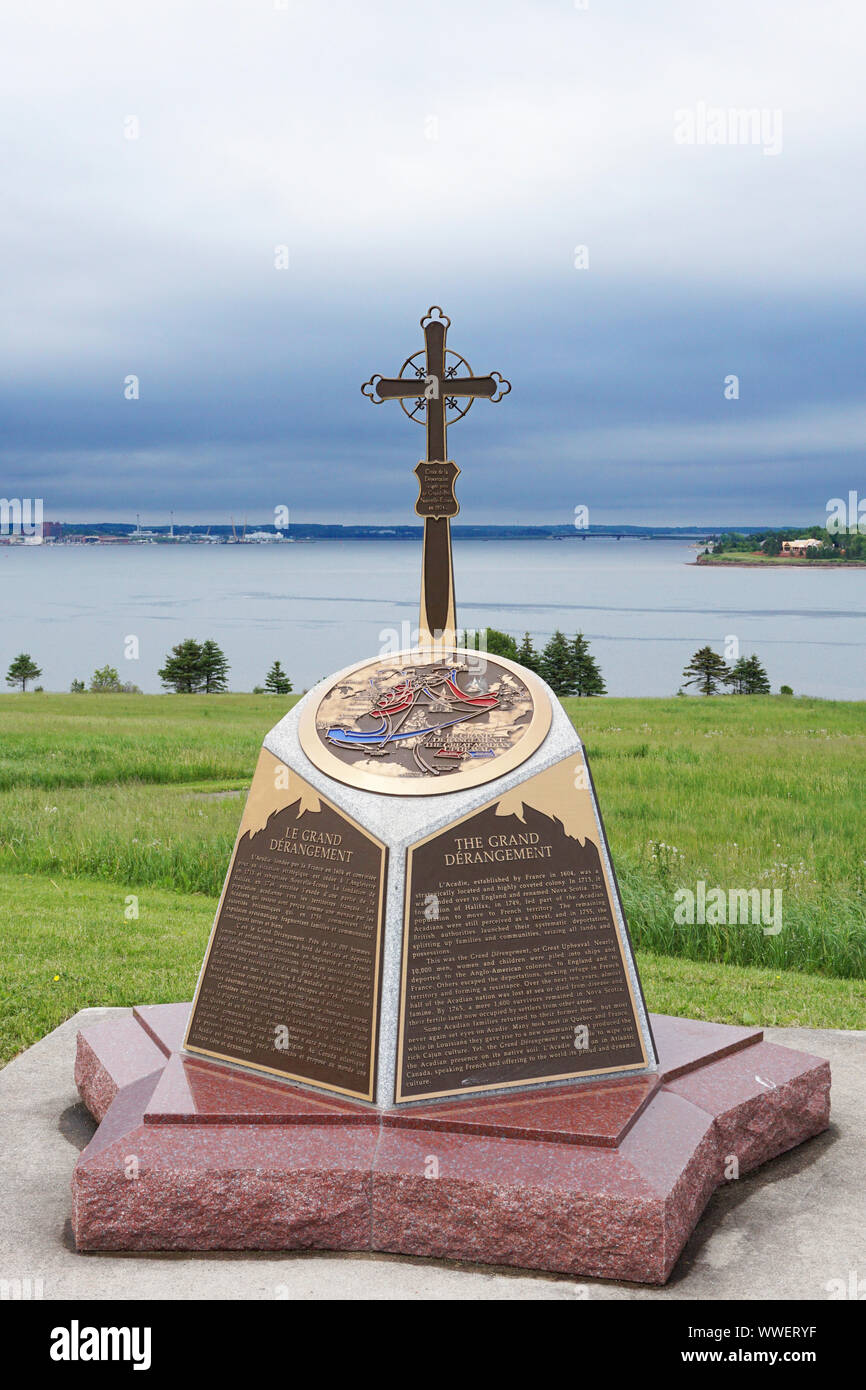 Marcatore storico sul Grand confusionali, deportazione di Acadians dal Canada. Marcatore è situato a Port-la-Joye-Fort Amherst. Foto Stock