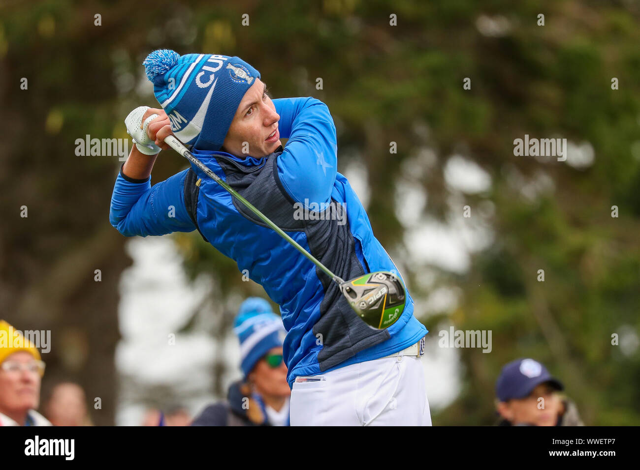 Gleneagles Regno Unito. Il 15 settembre 2019. Il giorno della finale alla Solheim Cup (Europa vs USA) era la tradizionale singole partite e il primo match per essere riprodotto è stato CARLOTA CIGANDA (Europa) vs DANIELL KANG (USA) e concludere con un ultimo putt da SUZANN PETTERSEN (Europa) a vincere la coppa per l'Europa da un punto. Carlota Ciganda off di rinvio per la 2a. Credito: Findlay / Alamy News Foto Stock
