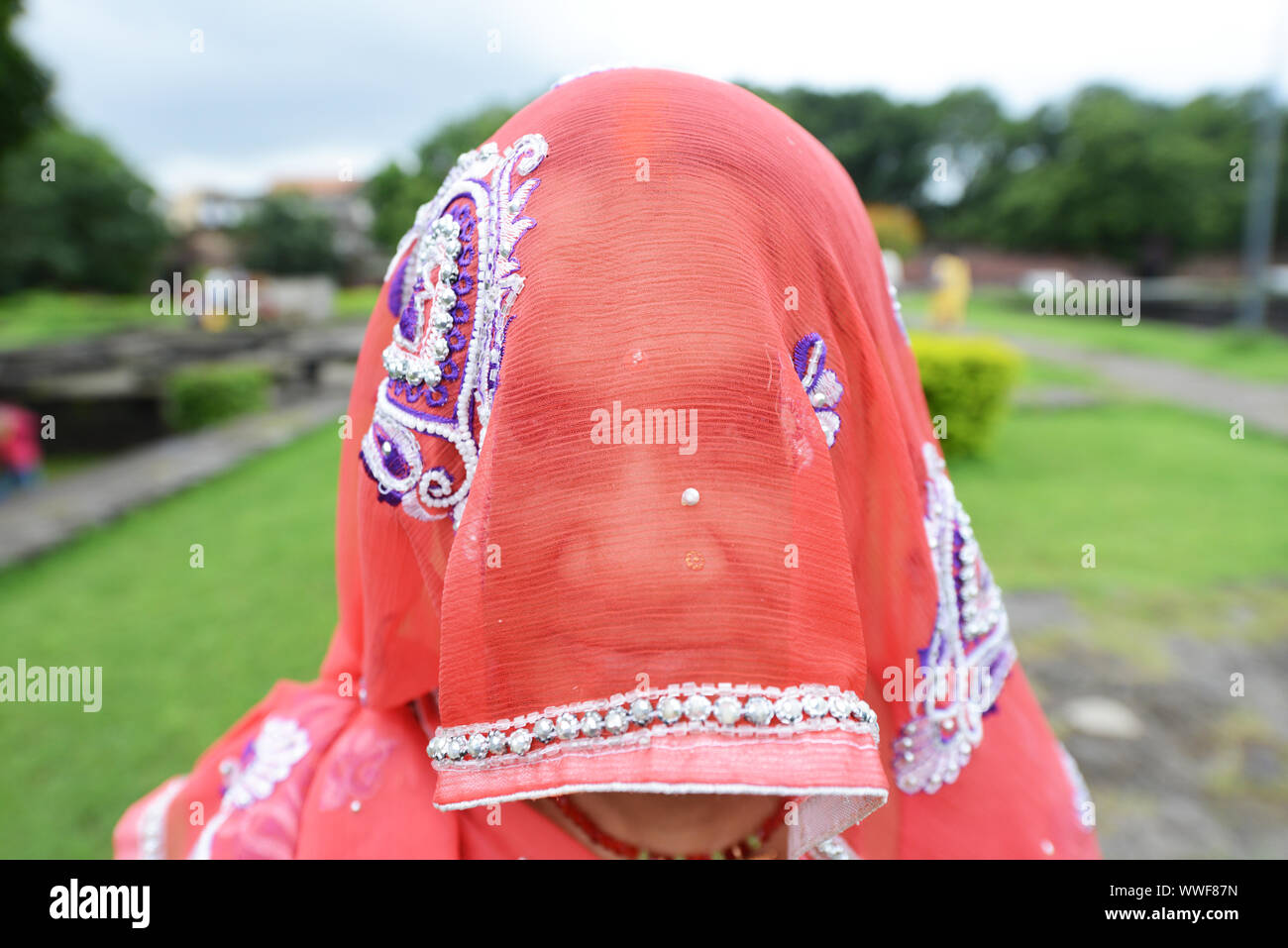 Una donna indiana indossando un velo di colore rosa. Foto Stock