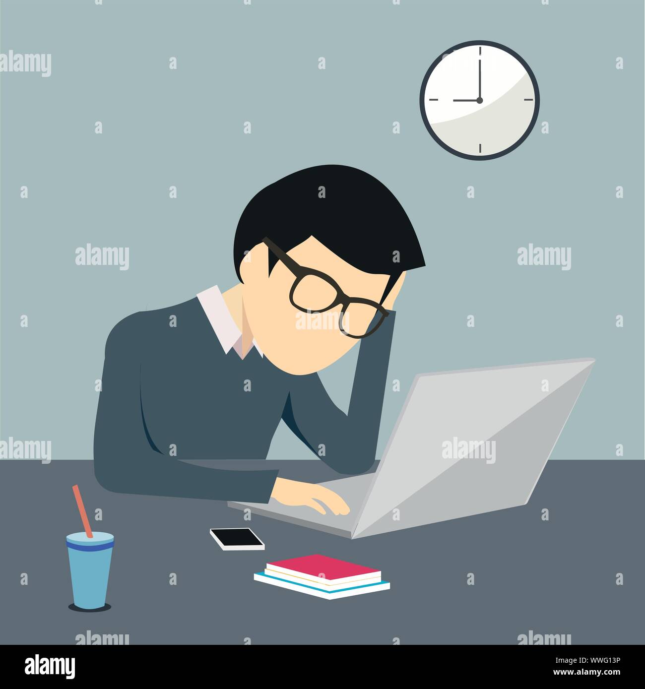 Persona che lavora preoccupata e stressata su un computer o laptop Illustrazione Vettoriale