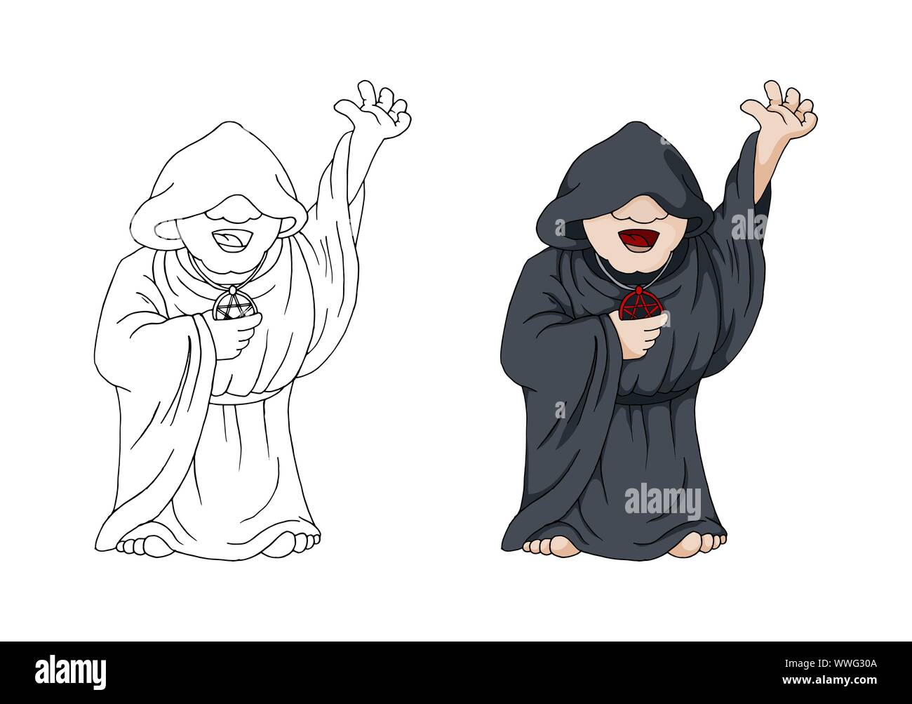 Negromante umano o Warlock in Black Robe Cast incantesimo, personaggio dei cartoni animati Illustrazione Vettoriale