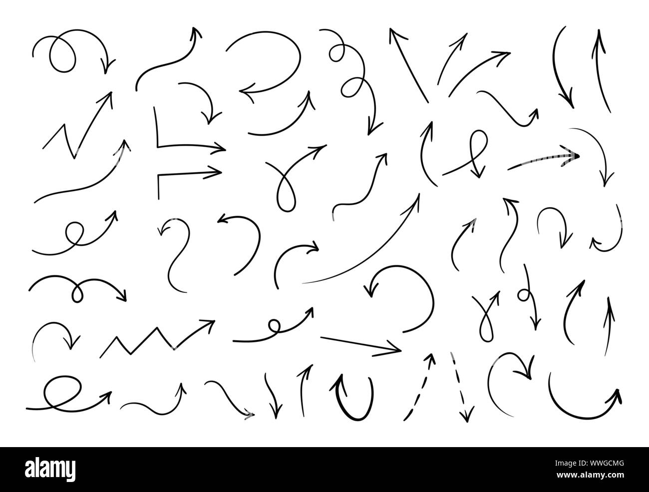Disegnato a mano le frecce. Set di vettore di diverse dirrection frecce nere. Su, Giù, Sinistra, Destra, attorcigliati Illustrazione Vettoriale