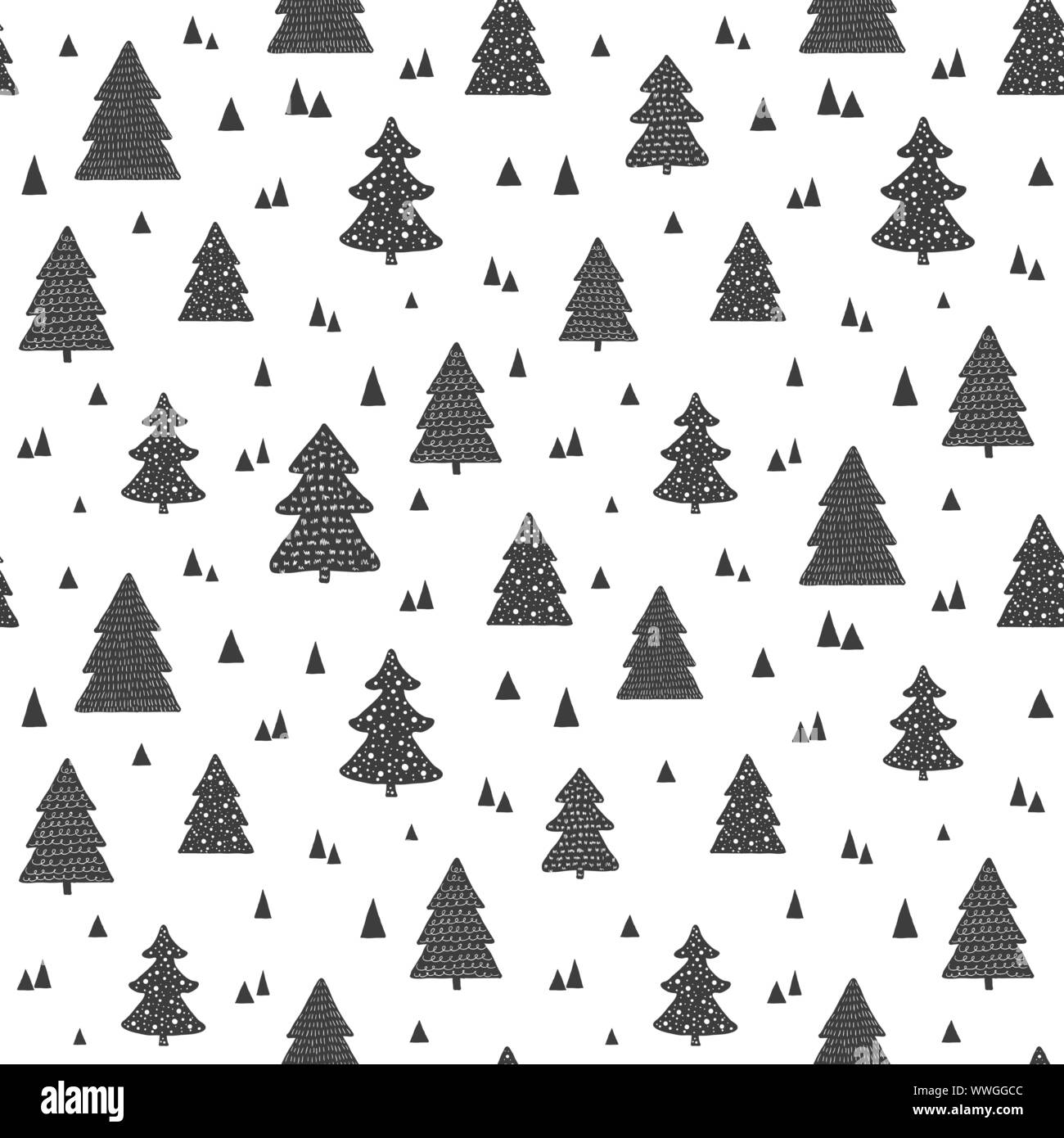 Natale scandinavo pattern senza giunture. Vettore con sfondo disegnato a mano alberi di natale Illustrazione Vettoriale
