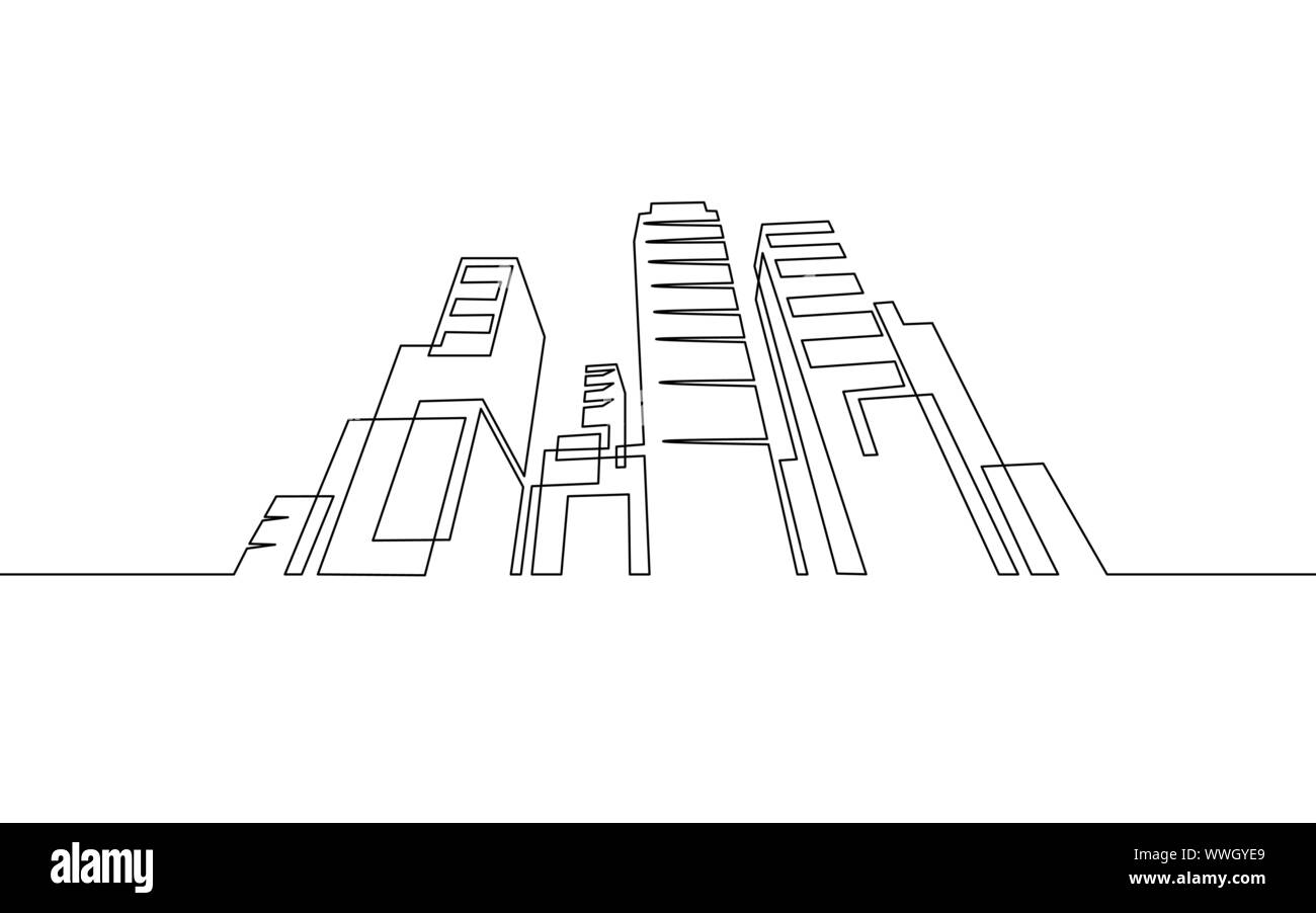 Continua singola linea di una città d'arte la costruzione dell'edificio. Architettura urbana casa appartamento cityscape concept design schizzo contorno disegno vettoriale Illustrazione Vettoriale