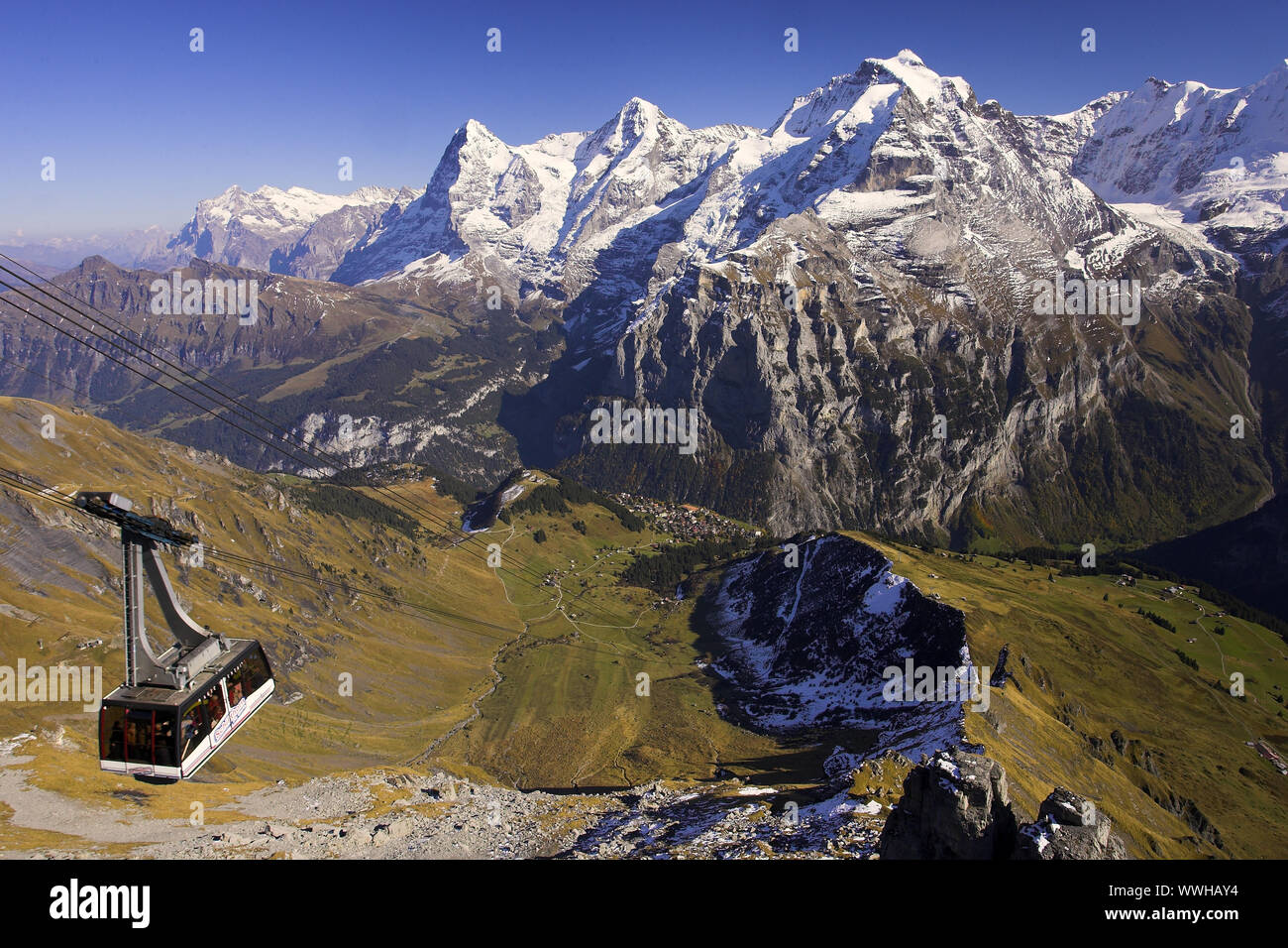 Vista dal Schilthorn di Eiger, Moench e Jungfrau, Svizzera Oberland Bernese, Svizzera, alpi svizzere Foto Stock