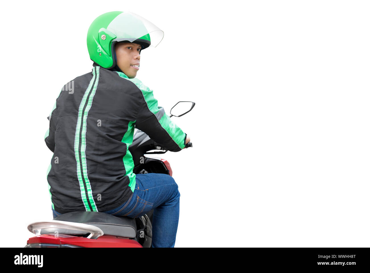 Asian motociclo taxi l uomo con il suo motociclo isolate su sfondo bianco Foto Stock