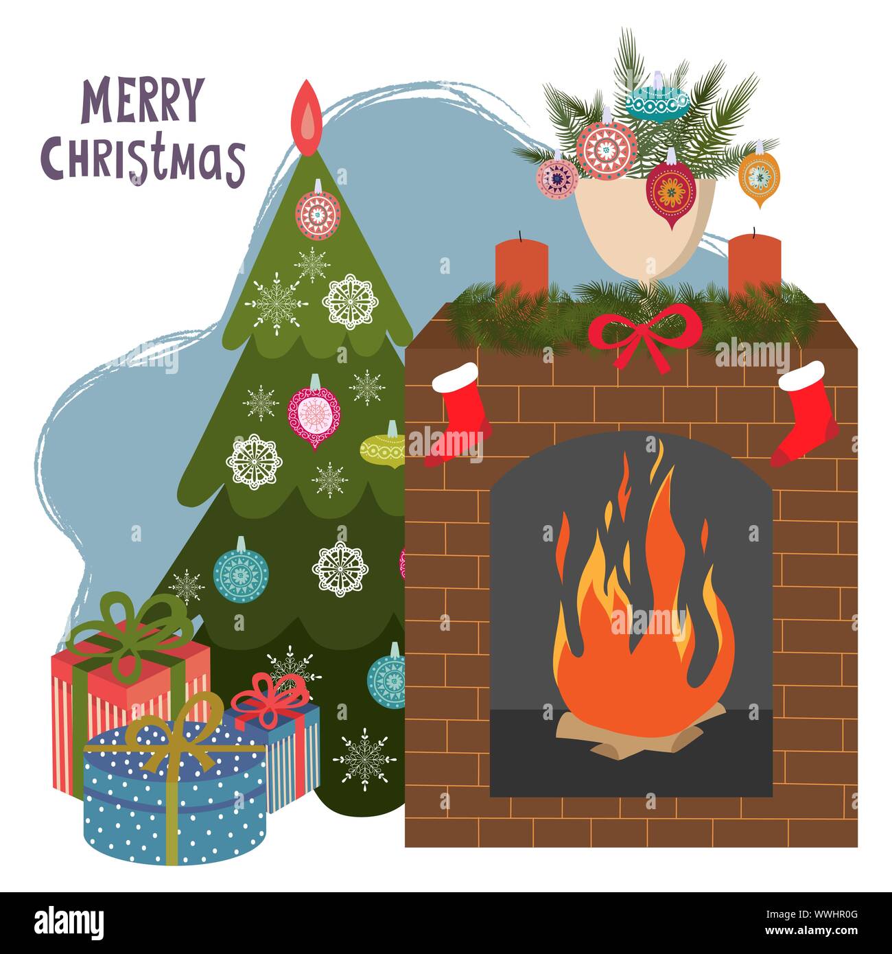 Albero di natale, camino e doni. Cartoon piatta illustrazione vettore isolato su uno sfondo bianco. Felice Anno Nuovo, Buon Natale Illustrazione Vettoriale