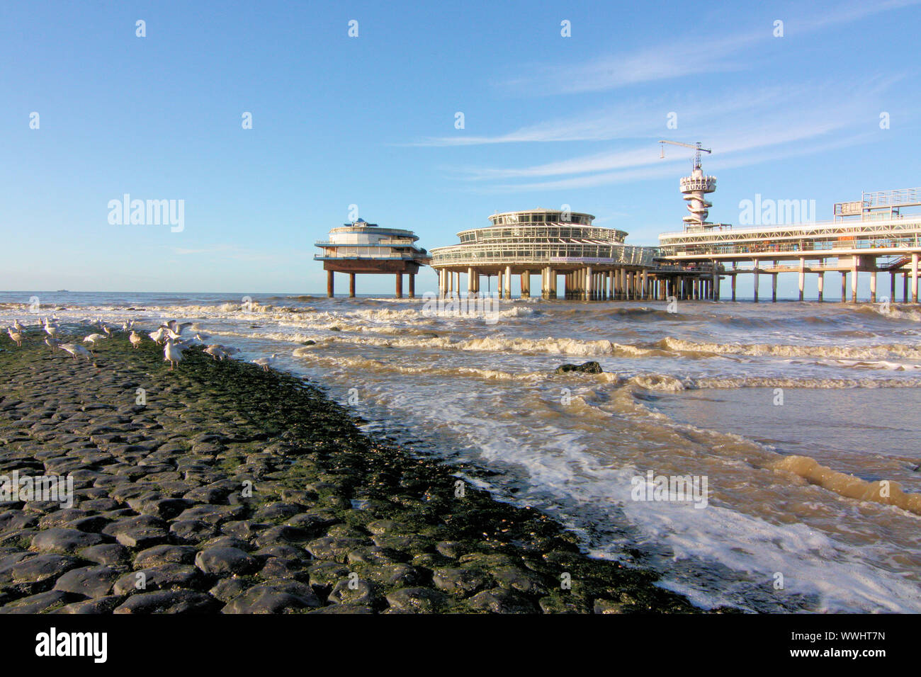 Scheveningen Beach, l'Aia, Paesi Bassi in bassa stagione, l'Aia, Paesi Bassi. Scheveningen è una popolare località balneare in South Holland Foto Stock