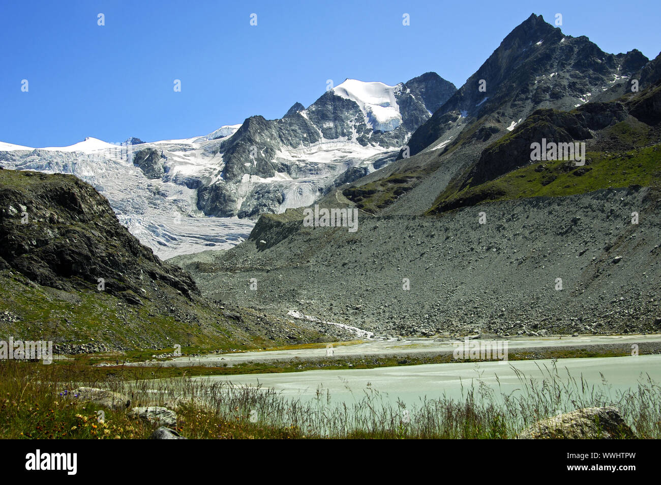 Alla fine del ghiacciaio lago del ghiacciaio di Moiry Foto Stock