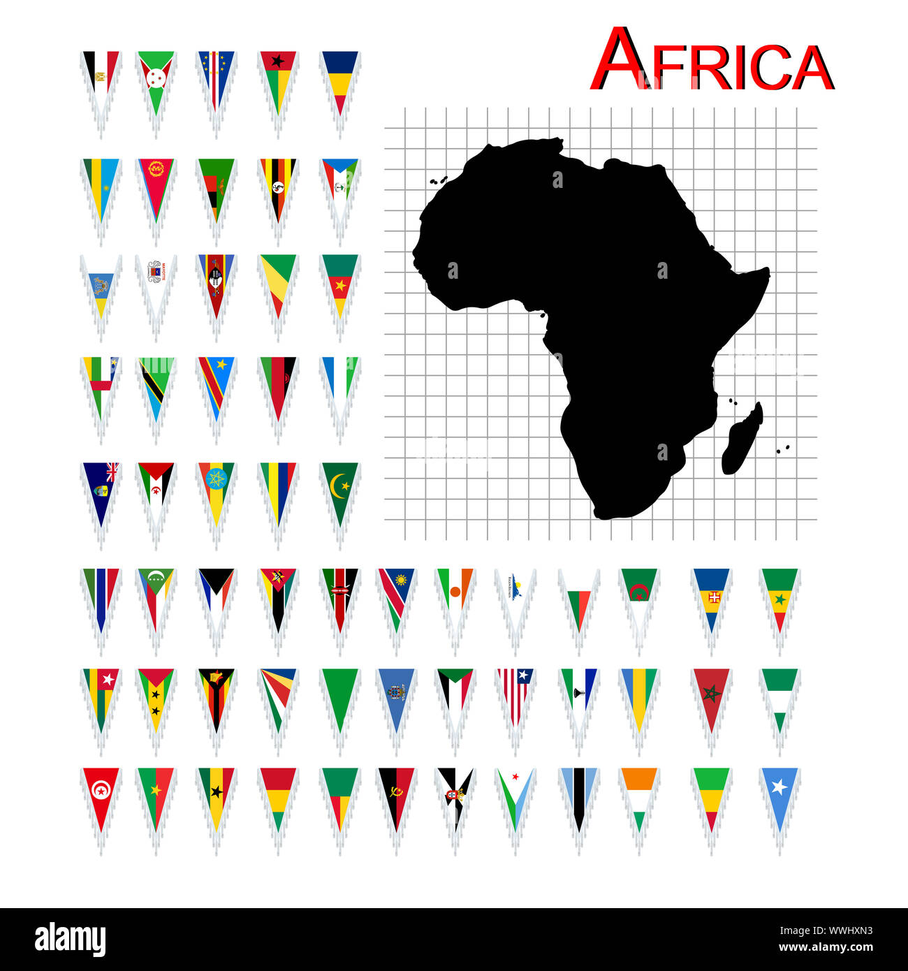 Set completo di bandiere africane e mappa, isolato e gli oggetti raggruppati su sfondo bianco Foto Stock