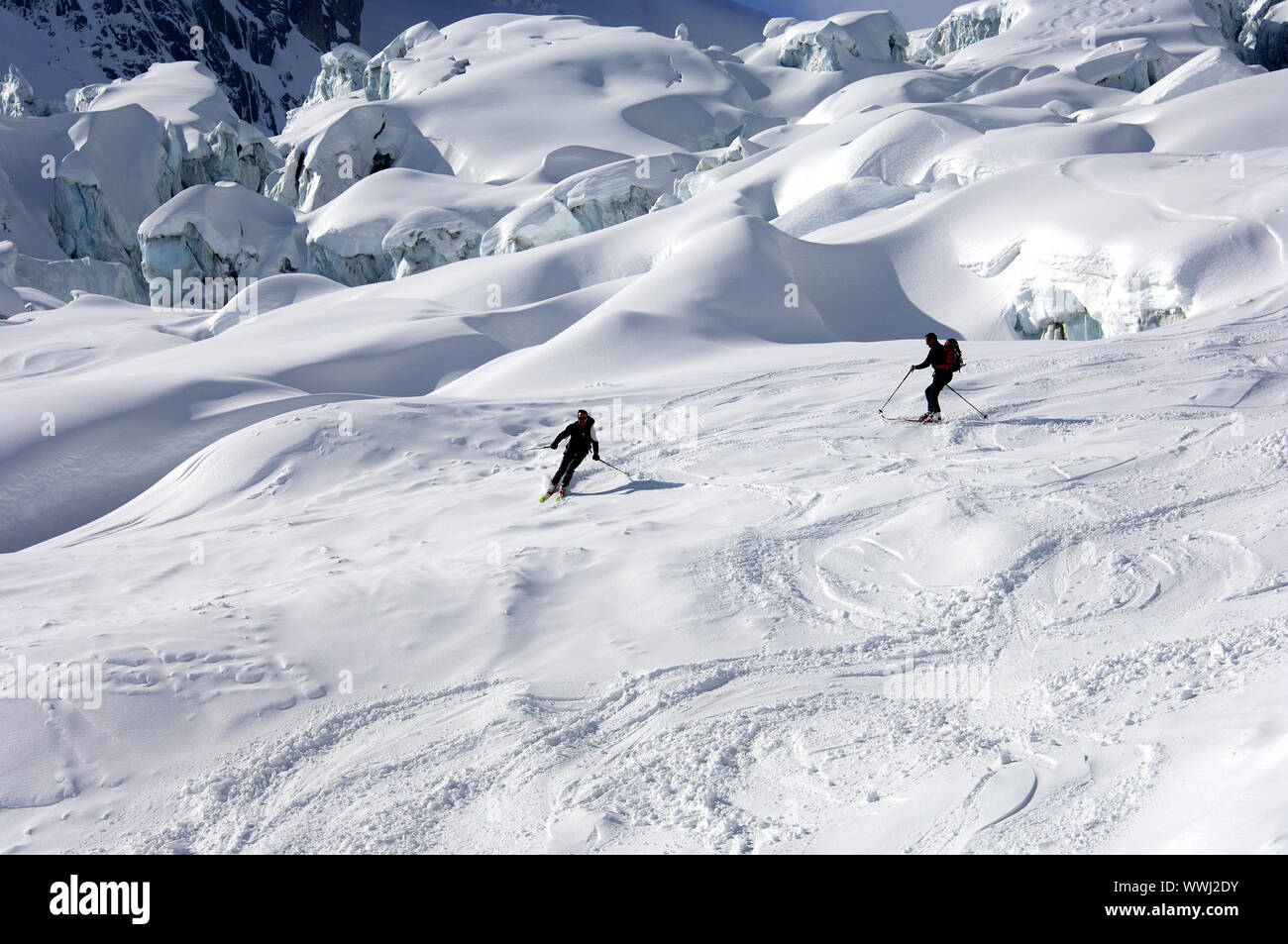 Touring sciatori in Vallee Blanche, Francia Foto Stock