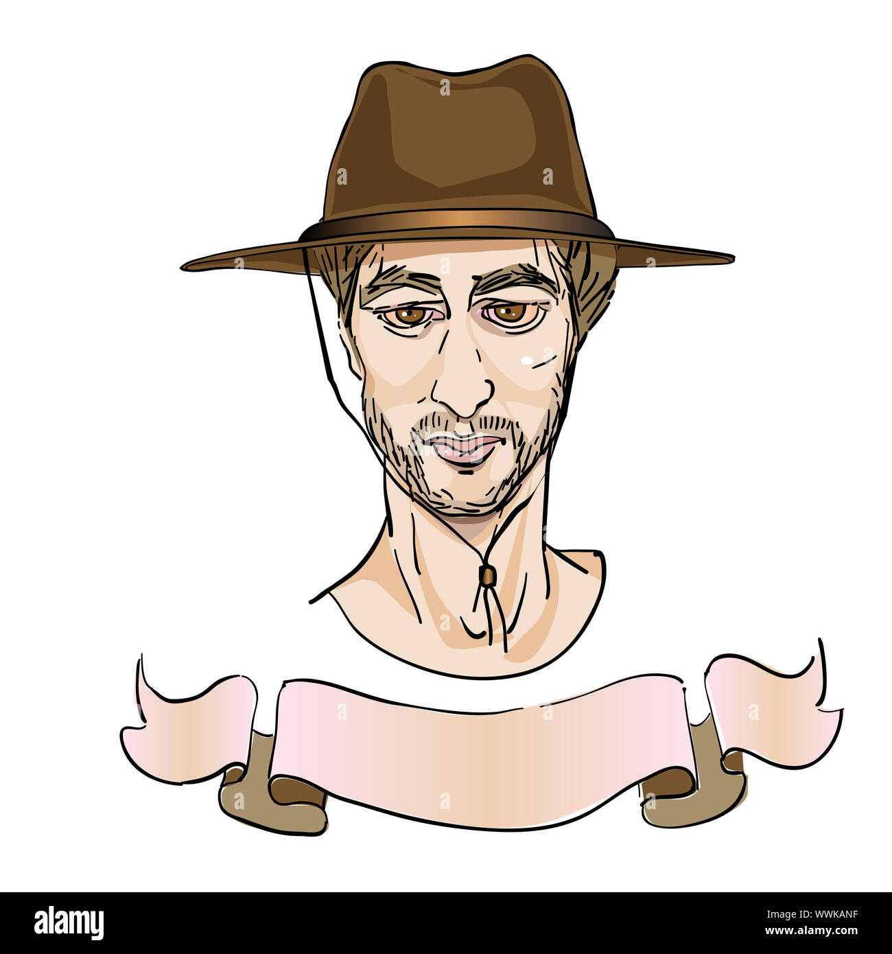 Ritratto di un uomo elegante con un cappello da cowboy, cartoon su bianco Foto Stock