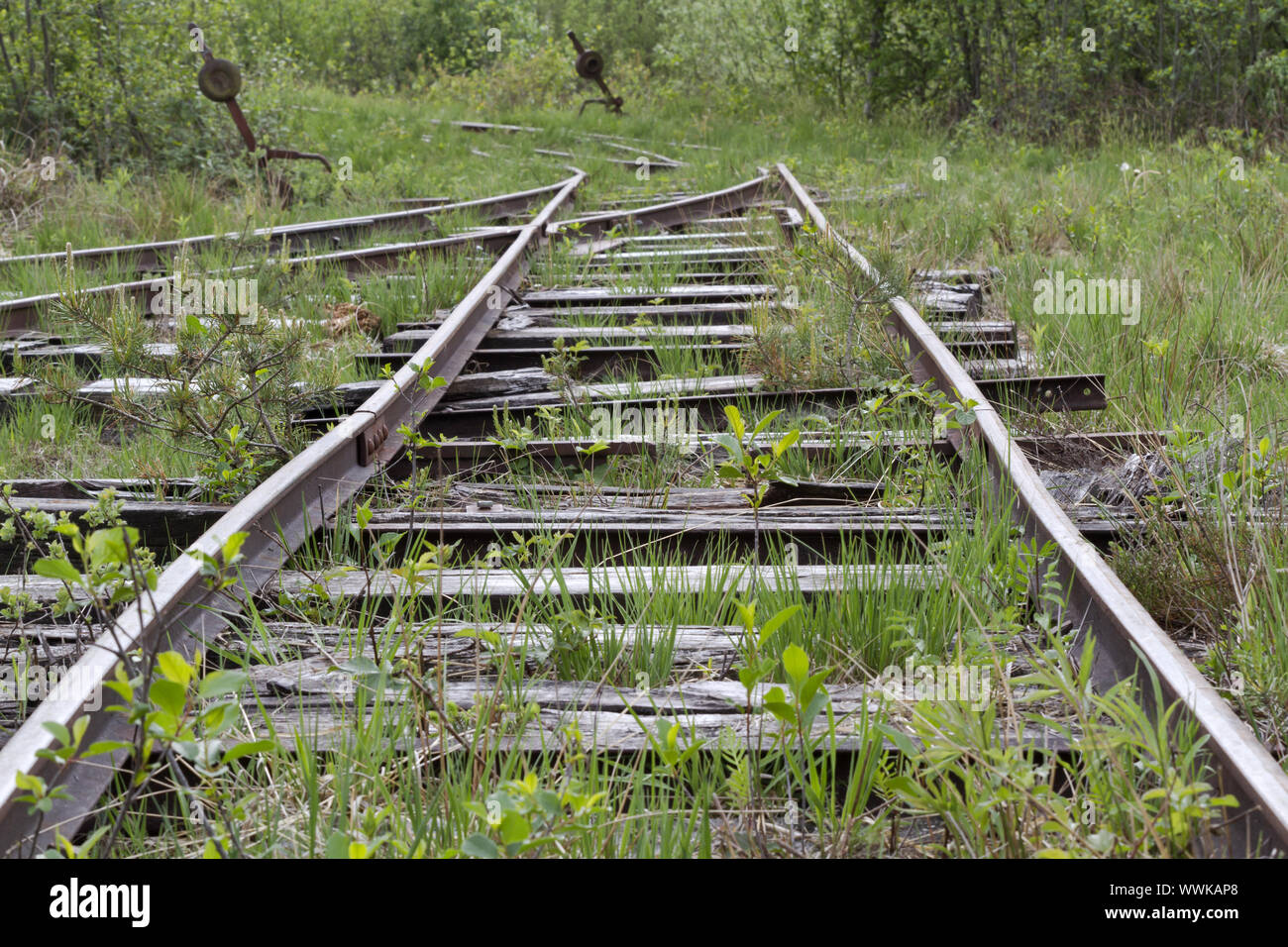 In disuso la linea ferroviaria in un altopiano di ormeggiare in Baviera Foto Stock