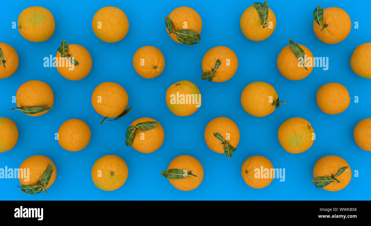 Lay piatto sullo sfondo di una serie di arance su uno sfondo blu, 3D Image Rendering. Cibo sano concetto. Foto Stock
