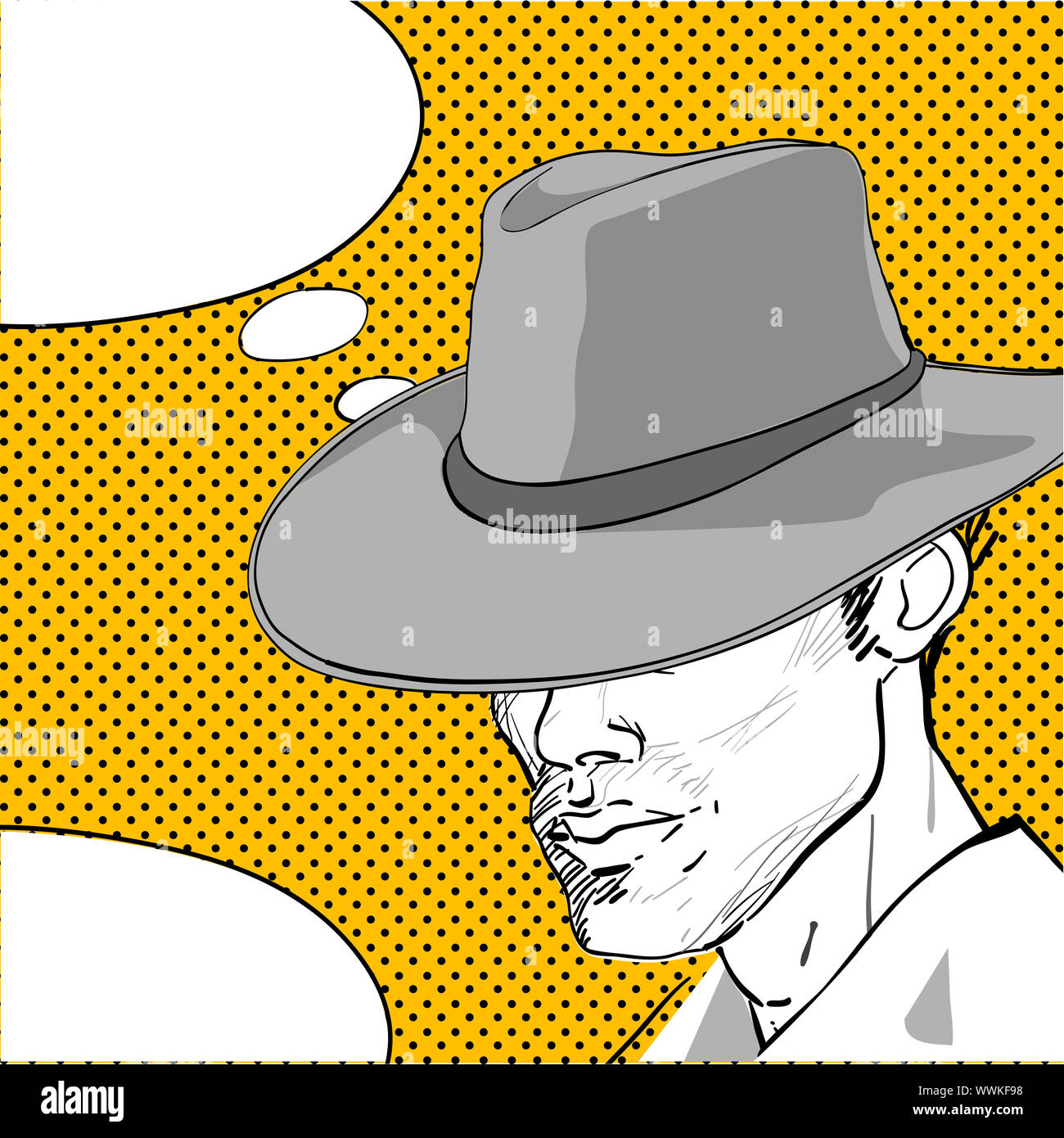 Lo stile comico di disegno di un uomo con un cappello retrò e un discorso  bolla per il testo Foto stock - Alamy