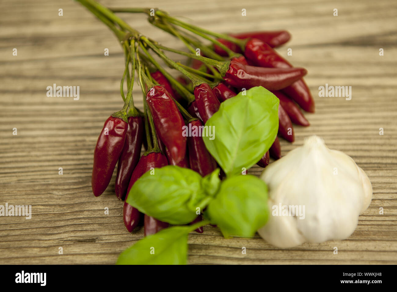 Red Hot Chili con aglio e basilico su una tavola Foto Stock