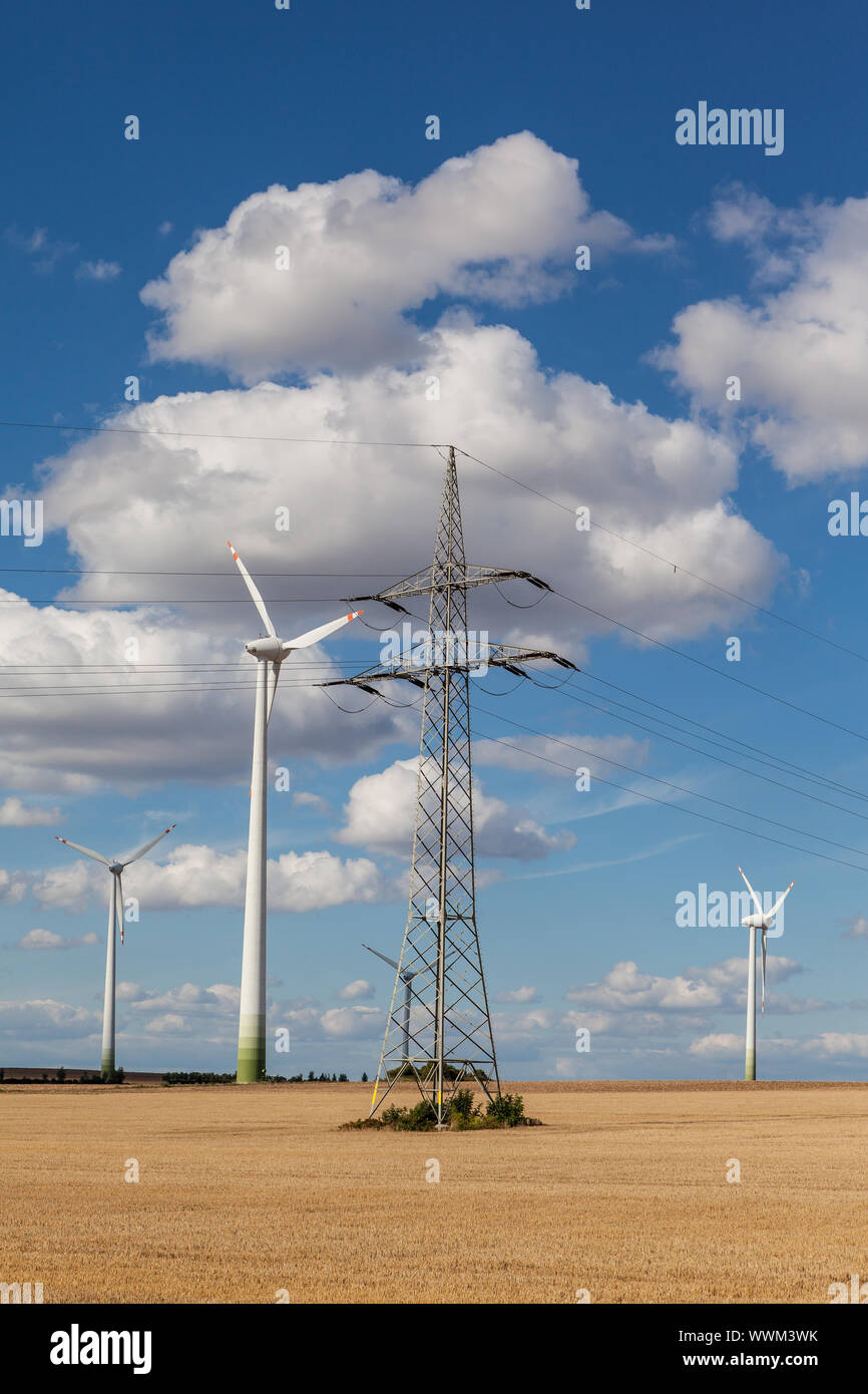 Le turbine eoliche con linea elettrica aerea Foto Stock