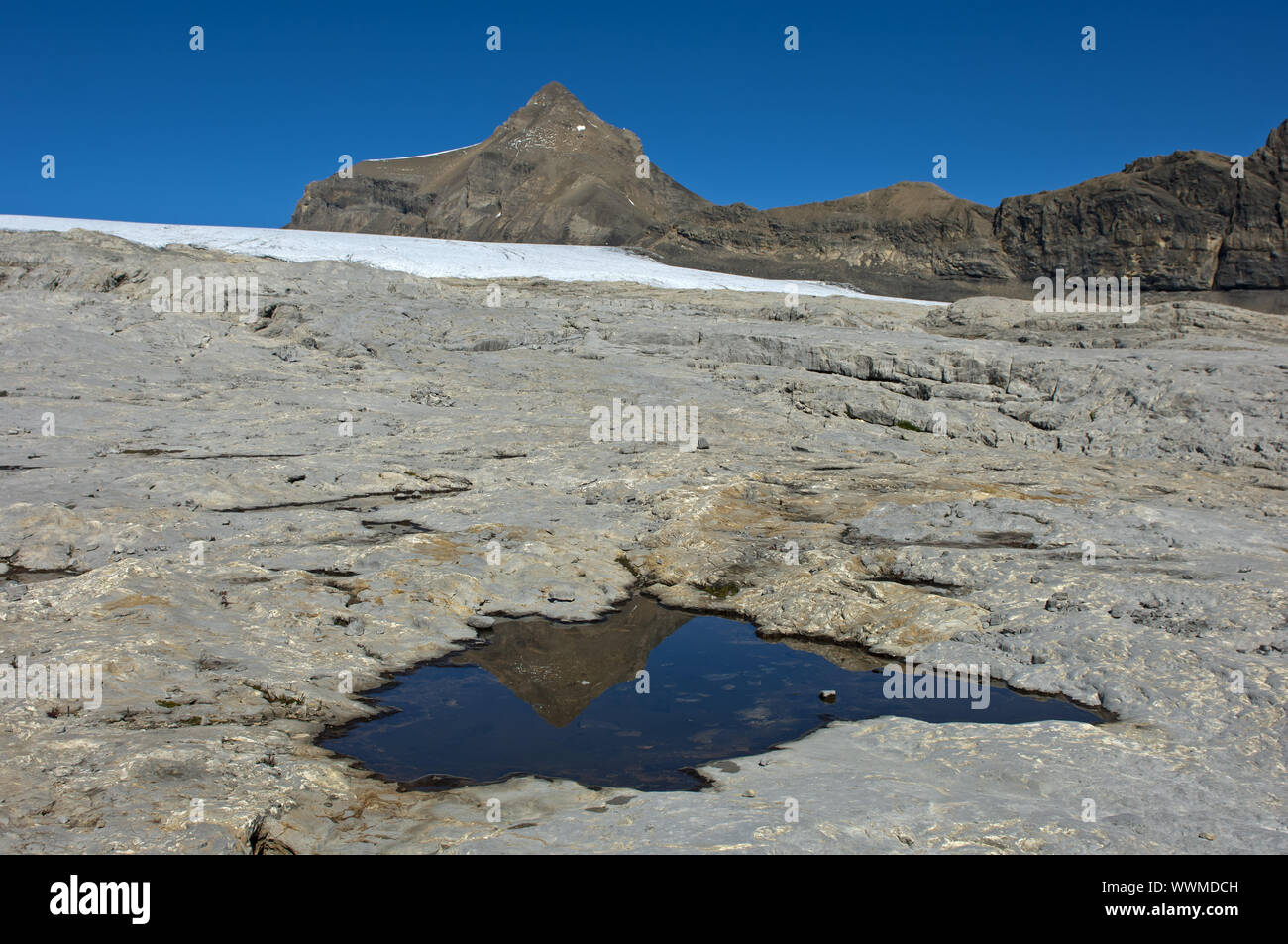 Glaziokarst paesaggio con dolina nel primo letto sul ghiacciaio del Tsanfleurongletscher a Oldenhorn Foto Stock