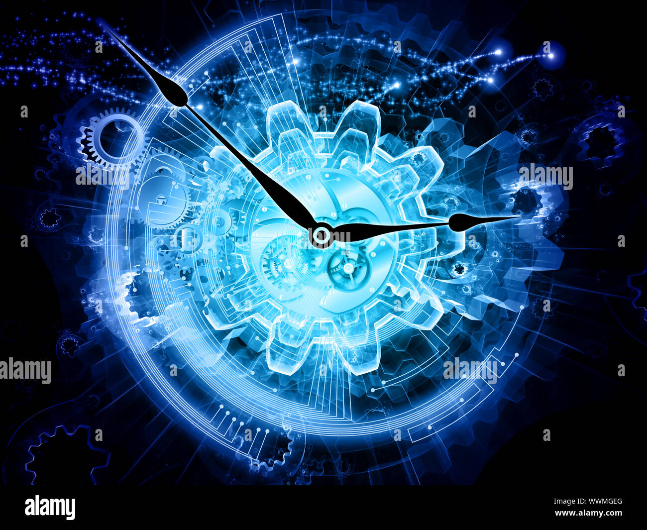 Composizione delle mani di clock, ingranaggi e disegno astratto elementi come un concetto metafora sul tema del tempo, tecnologico e di ingegneria industriale pro Foto Stock