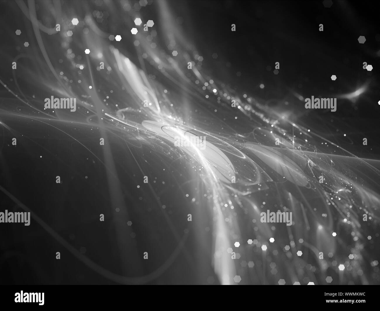 Incandescente nuova tecnologia flusso in spazio, generato dal computer sfondo astratto, in bianco e nero Foto Stock