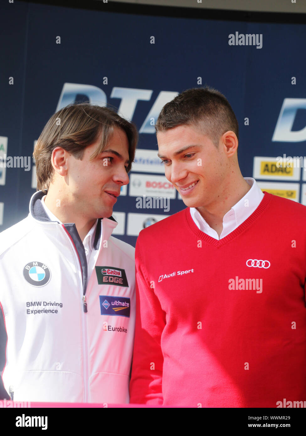 DTM-Rennfahrer Augusto Farfus (BMW),Edoardo Mortara (Audi) Pressekonferenz DTM 2014 a Braunschweig Foto Stock