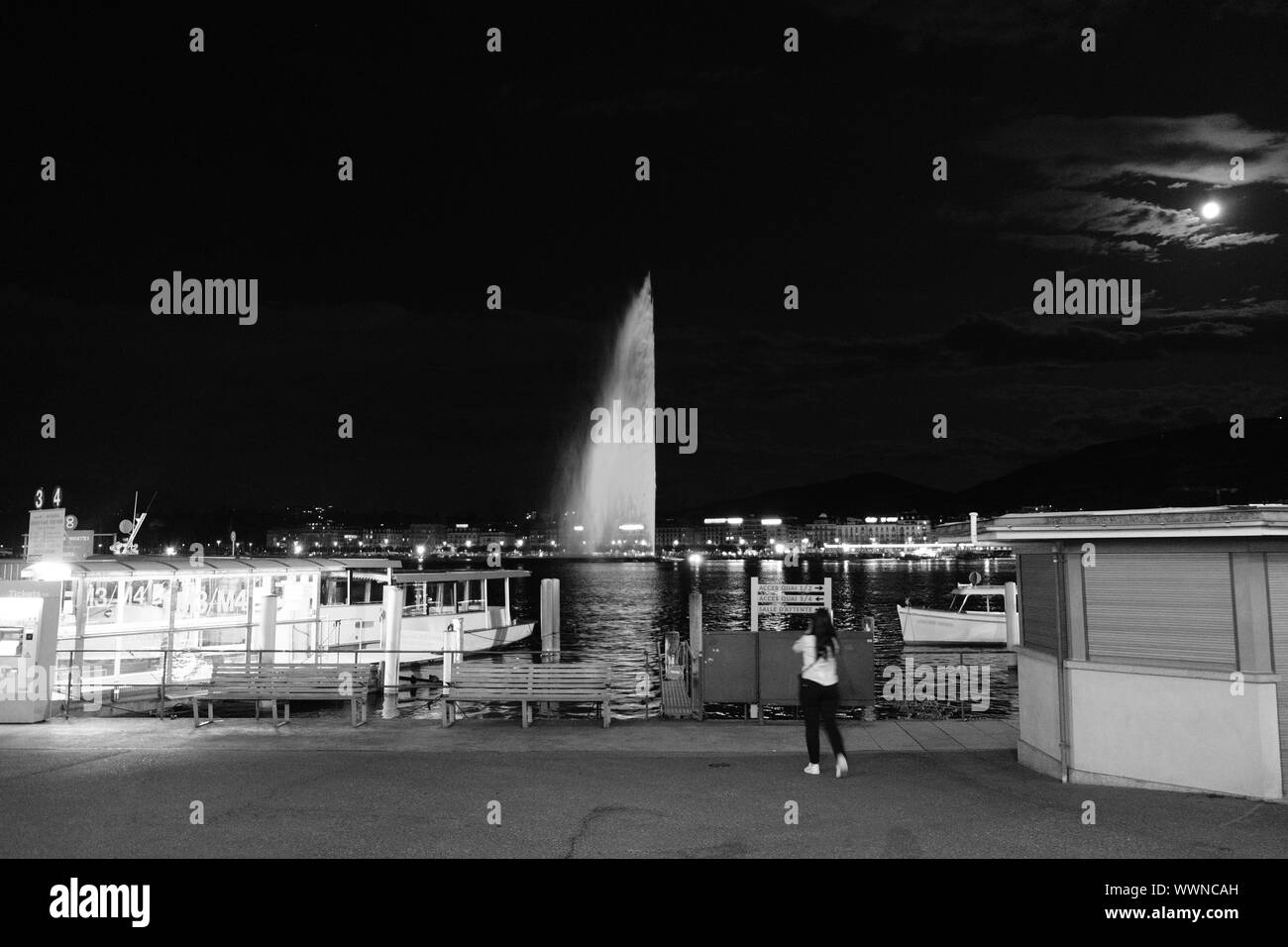 Il Jet d'Eau di notte, Ginevra Foto Stock
