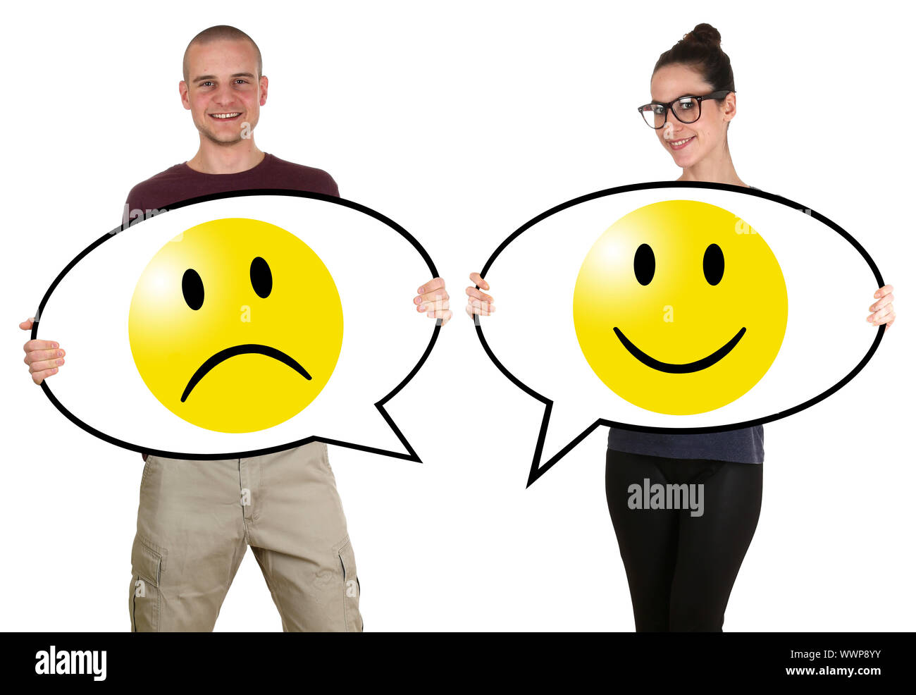 Giovani Donna uomo felice Rating Smiley Foto Stock