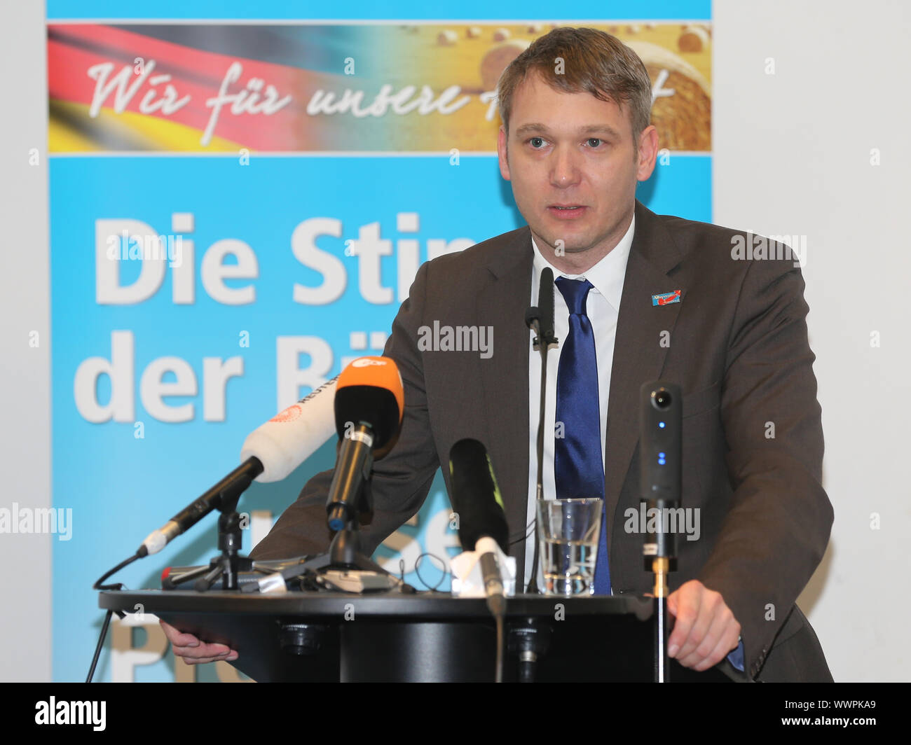 Presidente regionale dell'AFD in Sassonia-Anhalt André Poggenburg a una campagna rally AfD electio dello stato Foto Stock