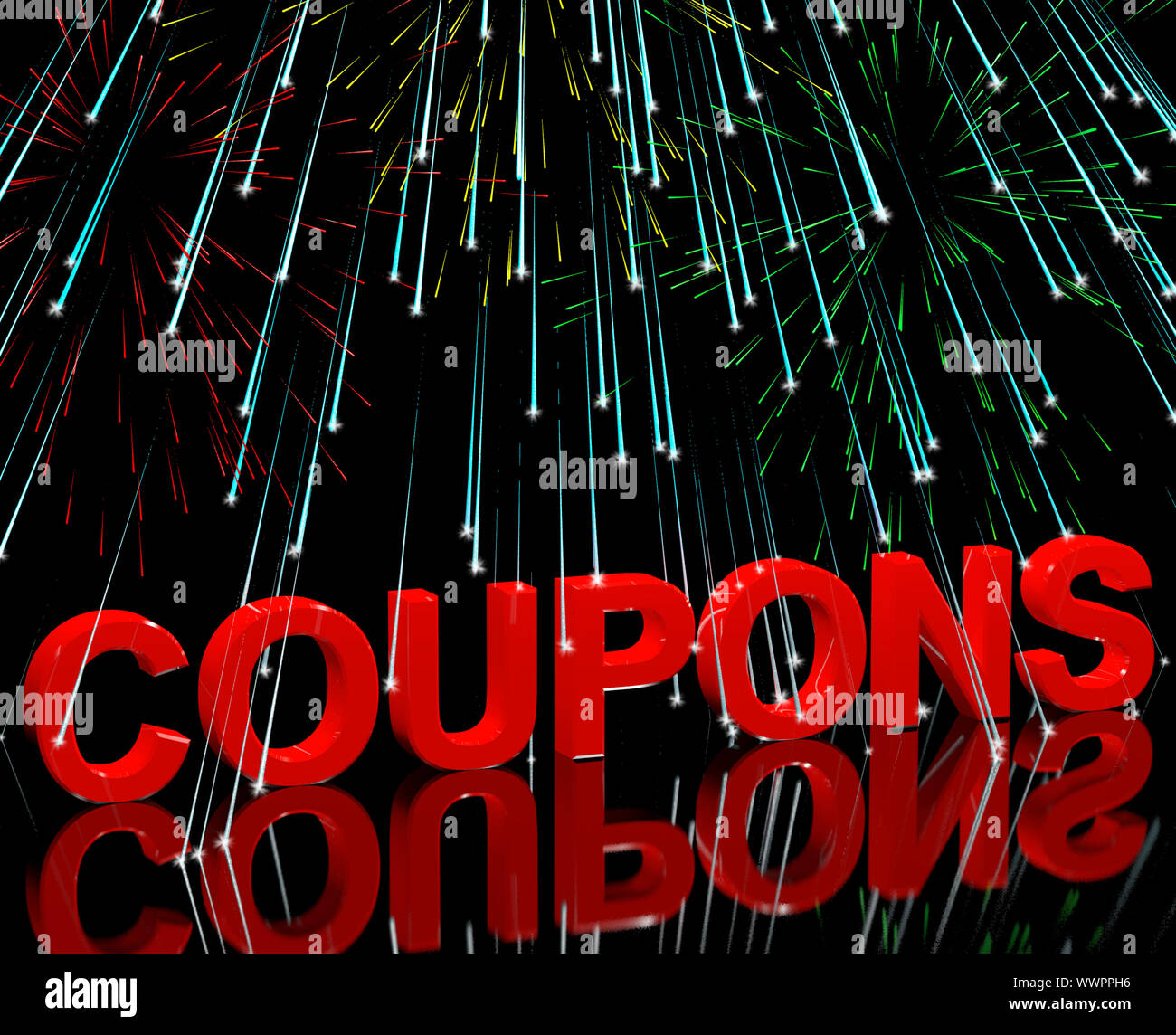 Coupon parola con fuochi d'artificio mostra buoni per riduzioni o sconti Foto Stock