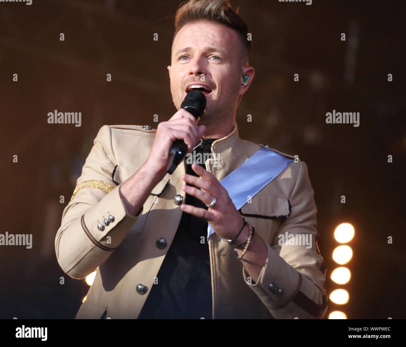 Londra, Regno Unito. Xv Sep, 2019. Nicky Byrne di un Irish Pop Vocal group (Westlife) suona dal vivo sul palco della BBC Radio 2 Live in Hyde Park, Londra. Credito: SOPA Immagini limitata/Alamy Live News Foto Stock