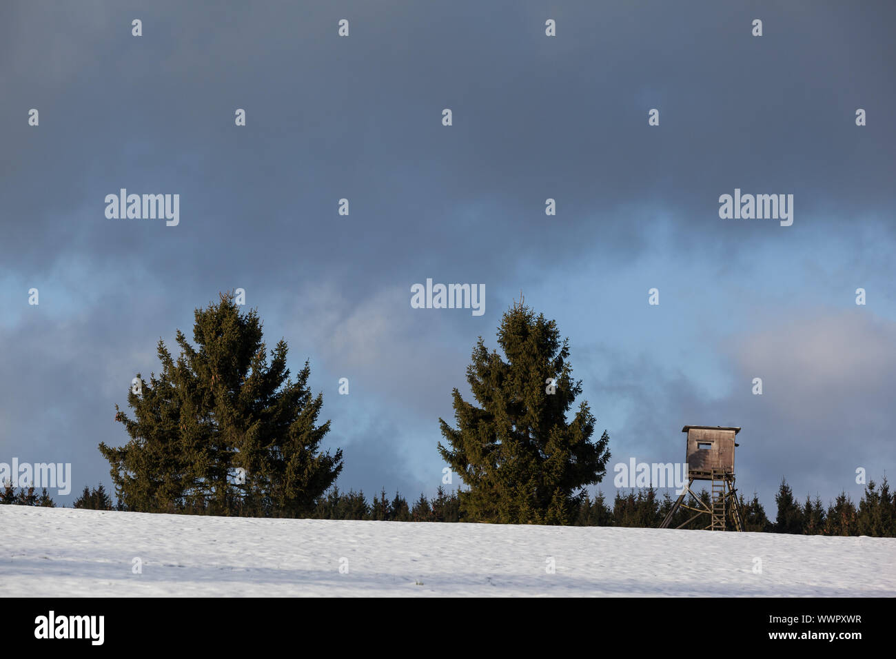 Coperte di neve abete in resina con seduta alta Foto Stock