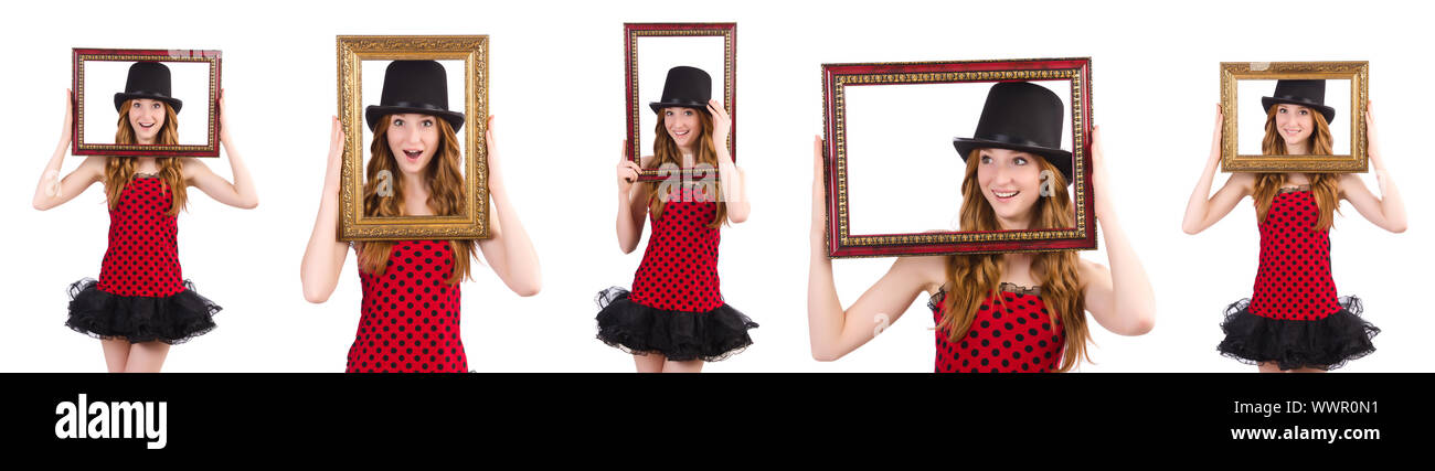 Pretty girl in red polka dot dress con Picture Frame isolare Foto Stock