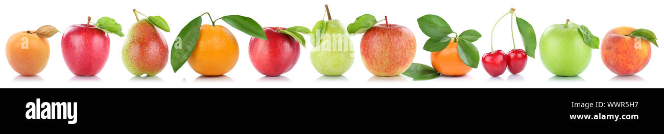Apple di frutta Frutta di arancia mele Arance Albicocche Ciliegie frutto isolato in un raccolto di fila isolato Foto Stock
