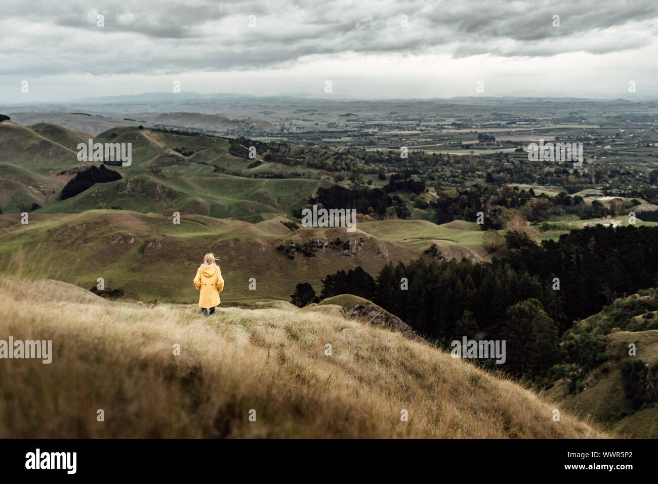 Tween girl guardando vista panoramica in Nuova Zelanda Foto Stock